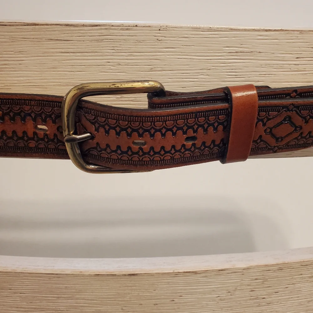Vintage Genuine Leather Diamond Pattern Men's Belt, Size 38